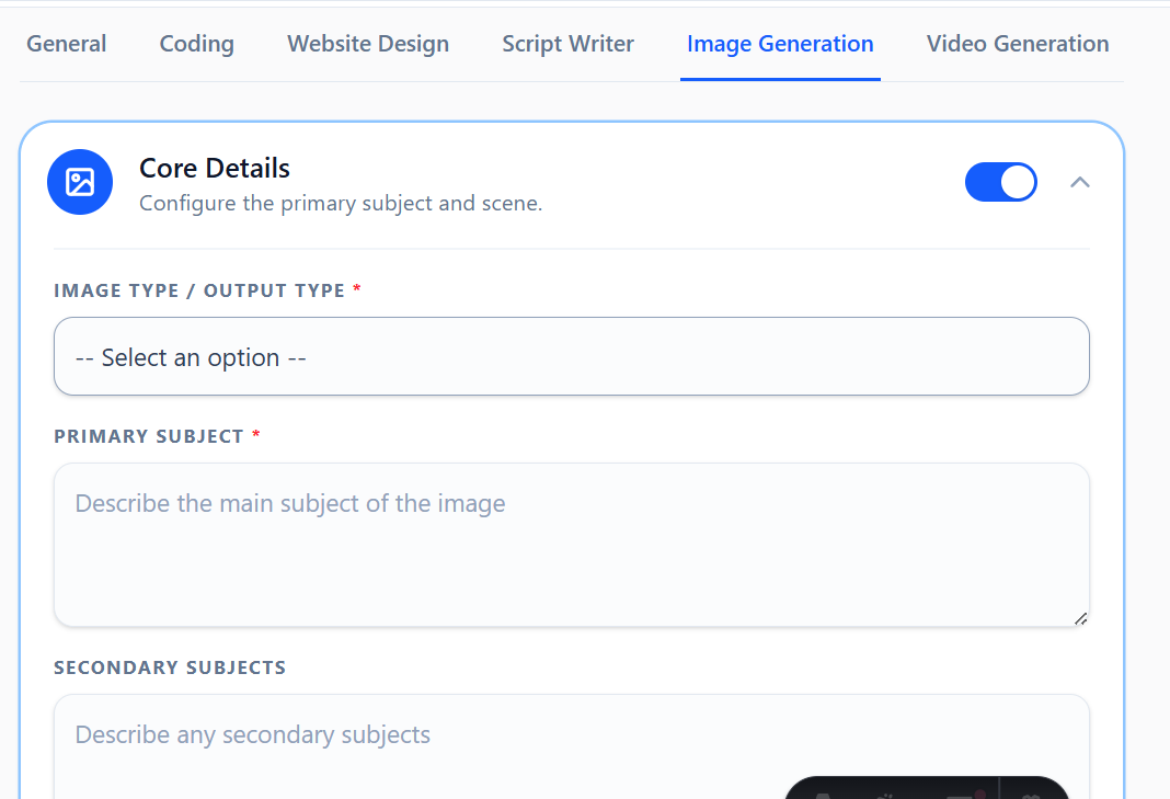 Screenshot of the Image Generation tab showing prompt settings.