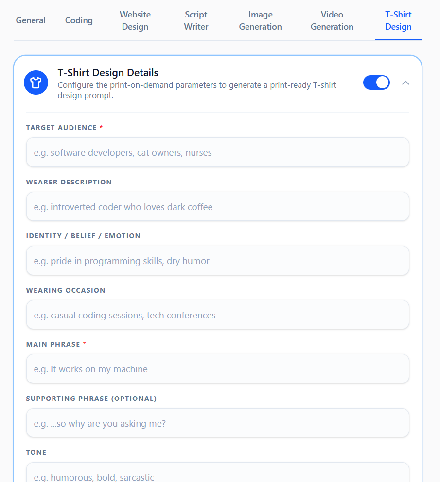 Screenshot of the T-Shirt Design tab